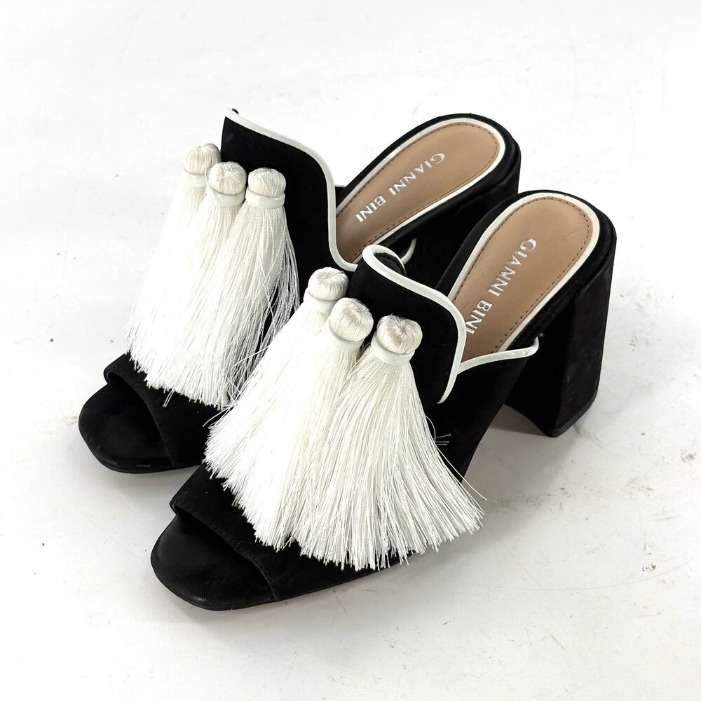 Gianni Bini Tassel Heels 5 Black White Sandals Glam Cocktail Old Money Luxury